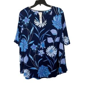 Chico's Women’s Sz 3(XL) Vee Neck Short Sleeve Floral Knit Swing Top